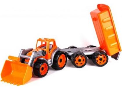 Traktor-nakladač-bagr s vlekem se lžící plast na volný chod oranžová vlečka
