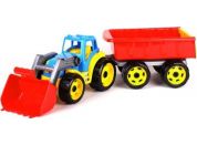 Traktor-nakladač-bagr s vlekem se lžící plast na volný chod červená vlečka