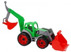 Traktor-nakladač-bagr se 2 lžícemi plast na volný chod červeno-zelený