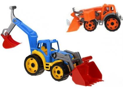 Traktor-nakladač-bagr se 2 lžícemi plast na volný chod modrý