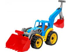 Traktor-nakladač-bagr se 2 lžícemi plast na volný chod modrý