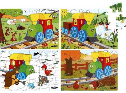 Woody Puzzle v krabičce 4 motivy jaro, léto, podzim, zima Mašinka