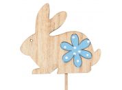 Anděl Zajíček dřevěný na špejli s kytičkou modrou 8 cm
