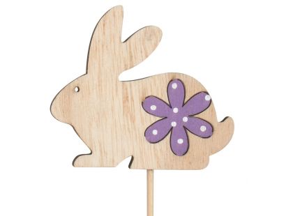 Anděl Zajíček dřevěný na špejli s kytičkou fialovou 8 cm